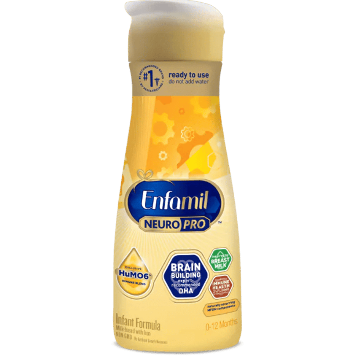 Enfamil NeuroPro ready-to-use infant formula bottle with yellow label, brain building nutrients, and HuMO6 prebiotics