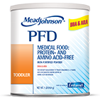 Mead Johnson PFD medical food powder for toddlers in white cylindrical container with blue and orange labeling