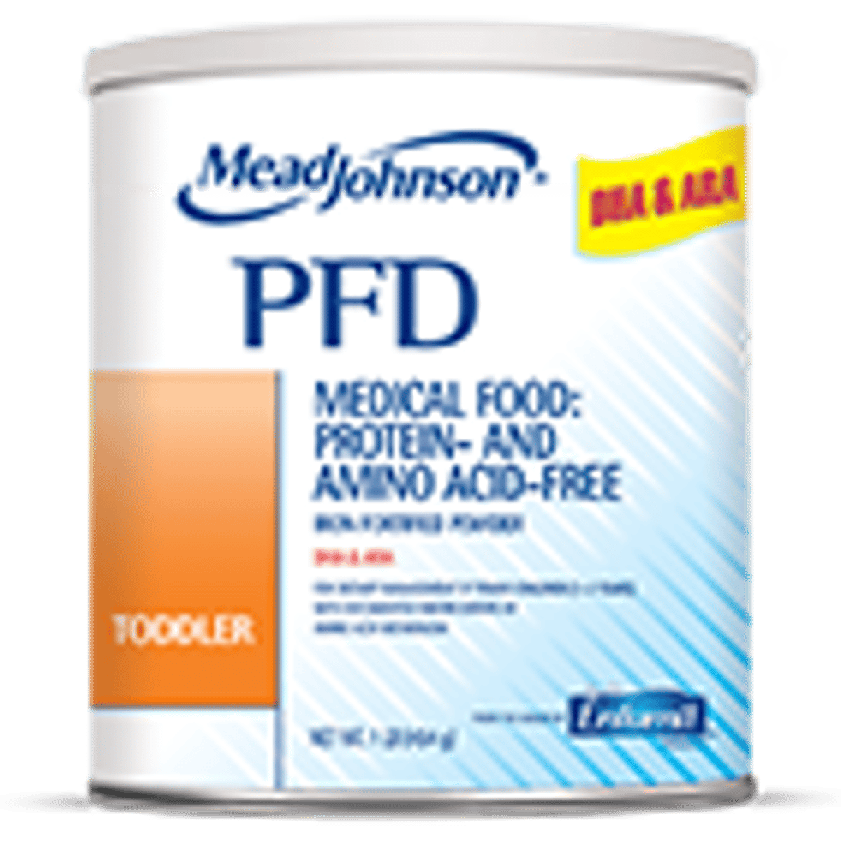 Mead Johnson PFD medical food powder for toddlers in white cylindrical container with blue and orange labeling