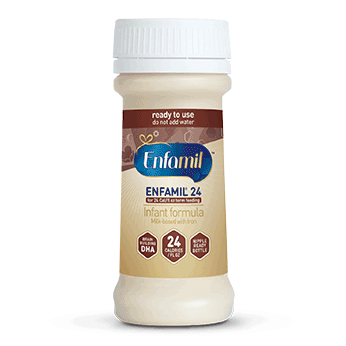 Enfamil 24 ready-to-use infant formula bottle with white cap and tan-colored liquid formula inside