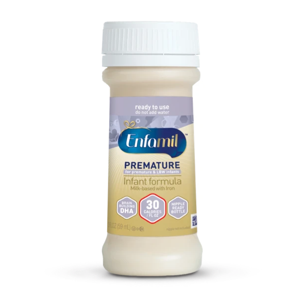 Enfamil Premature ready-to-use infant formula bottle with white cap, showing 30 calories per fluid ounce and DHA content