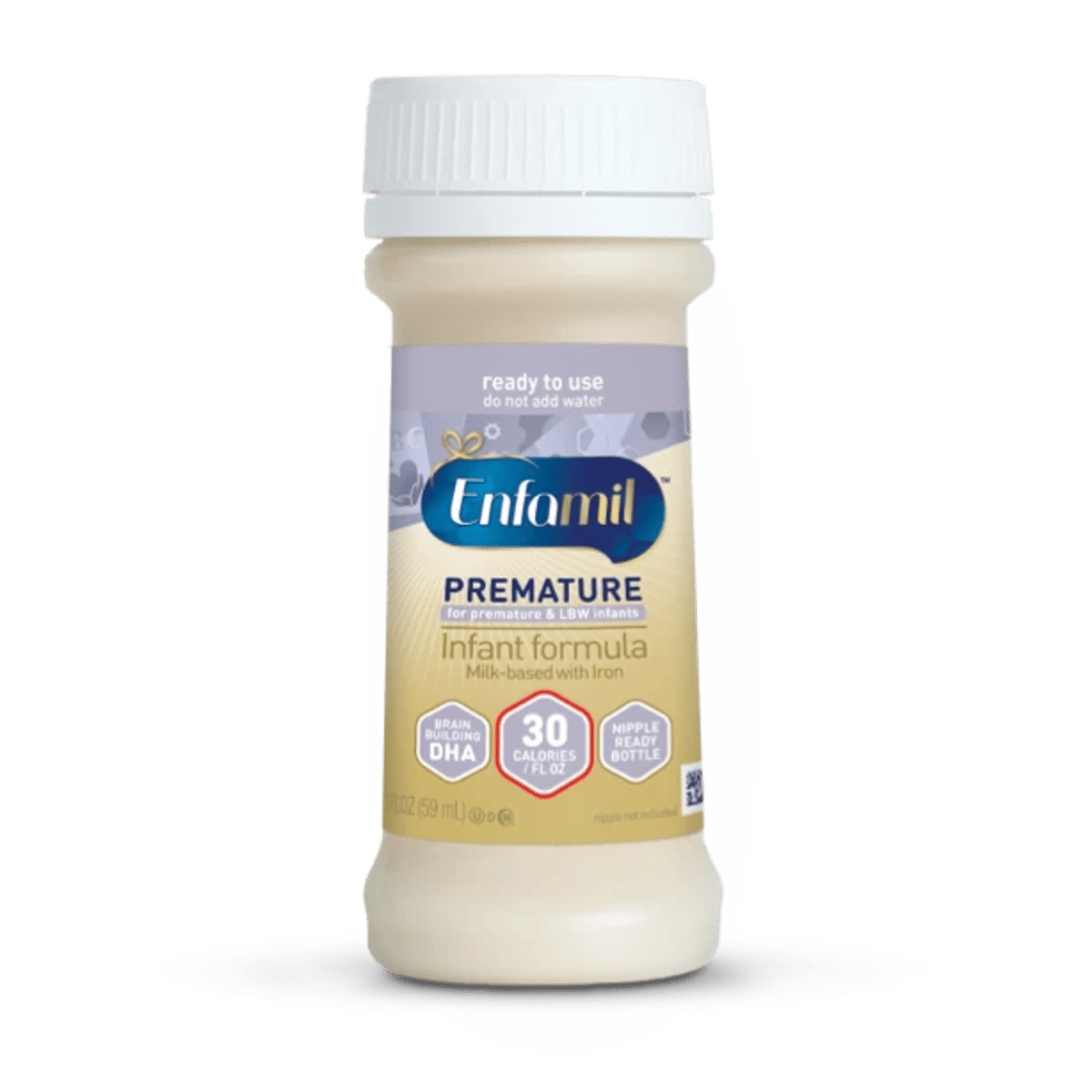 Enfamil Premature ready-to-use infant formula bottle with white cap, showing 30 calories per fluid ounce and DHA content