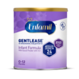 Enfamil Gentlease infant formula canister in purple packaging, 12.4 oz size with gentle formula labeling for babies 0-12 months