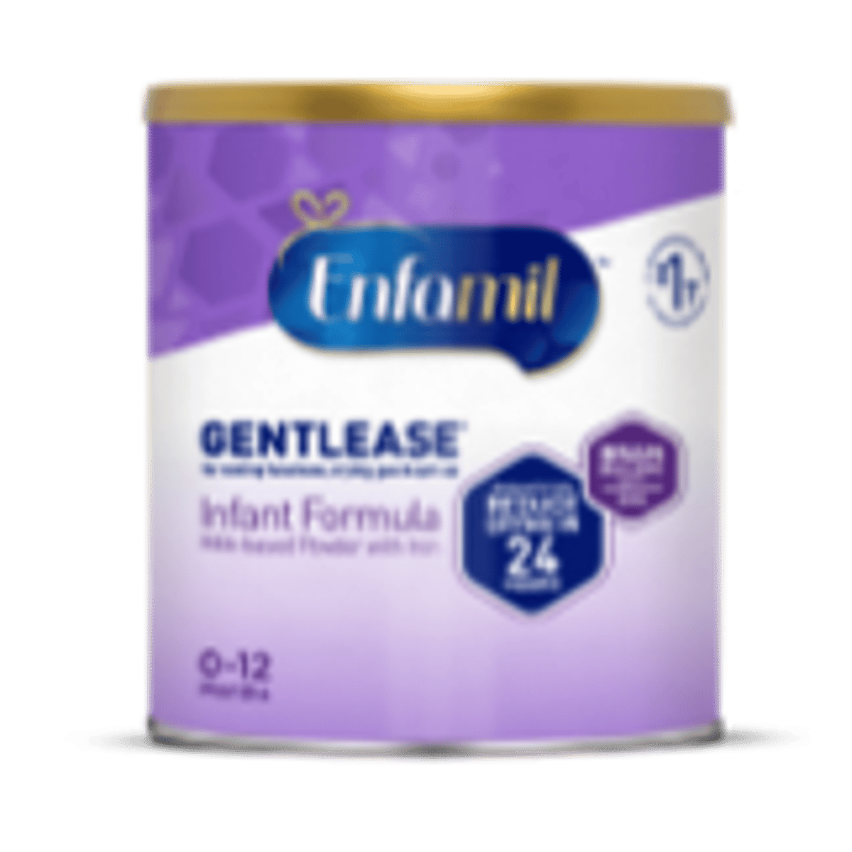 Enfamil Gentlease infant formula canister in purple packaging, 12.4 oz size with gentle formula labeling for babies 0-12 months