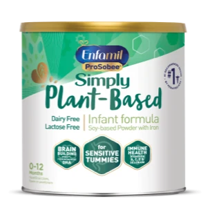 Enfamil ProSobee Simply Plant-Based infant formula powder can, dairy-free and lactose-free, 20.9 oz size with green and white packaging.