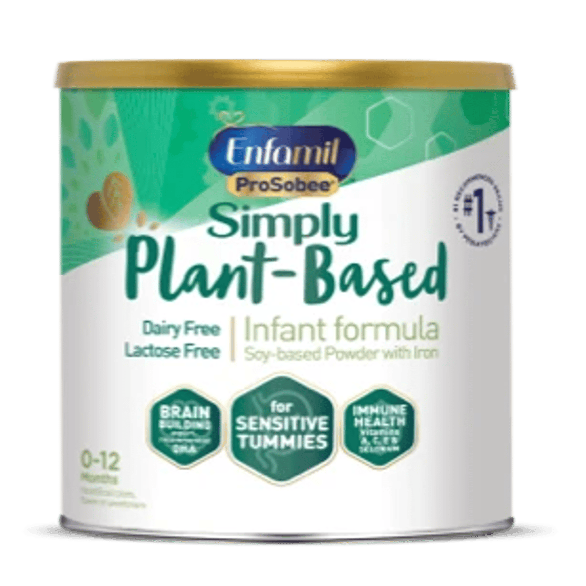 Enfamil ProSobee Simply Plant-Based infant formula powder can, dairy-free and lactose-free, 20.9 oz size with green and white packaging.