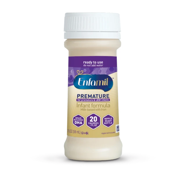Enfamil Premature ready-to-use infant formula bottle with white cap, purple and beige label showing 20 calories per fluid ounce