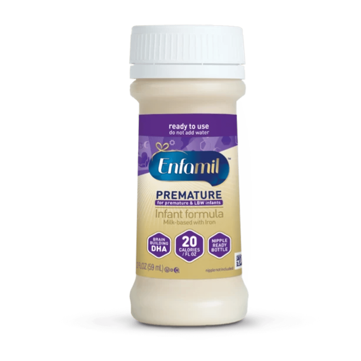 Enfamil Premature ready-to-use infant formula bottle with white cap, purple and beige label showing 20 calories per fluid ounce