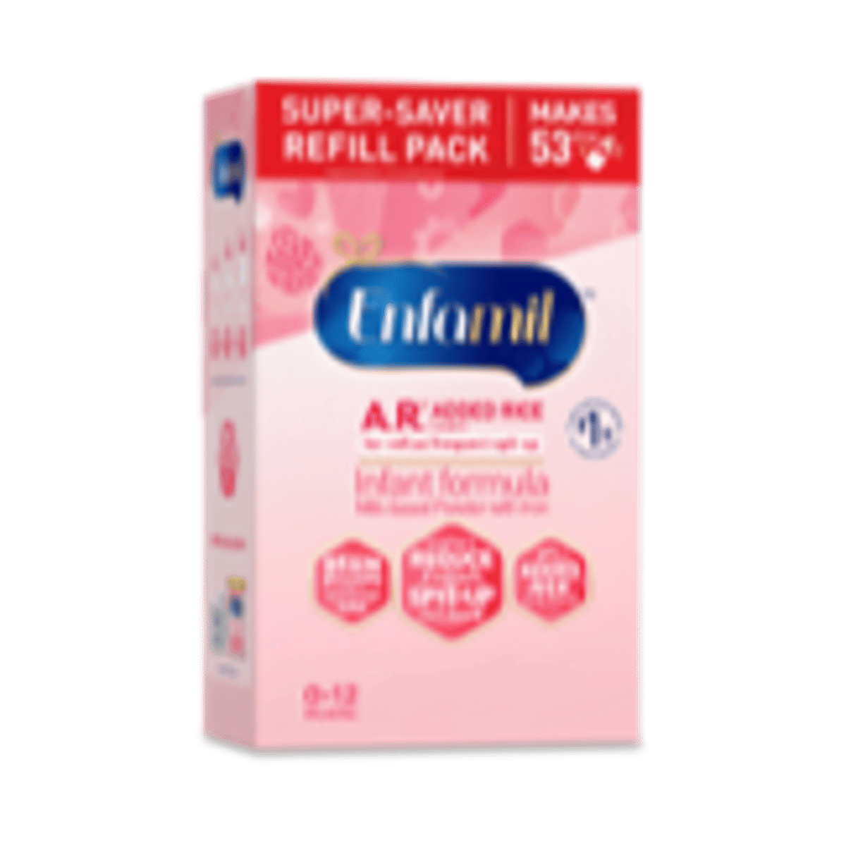 Enfamil A.R. infant formula refill pack in pink and white packaging with red label indicating gentle formula for spit-up