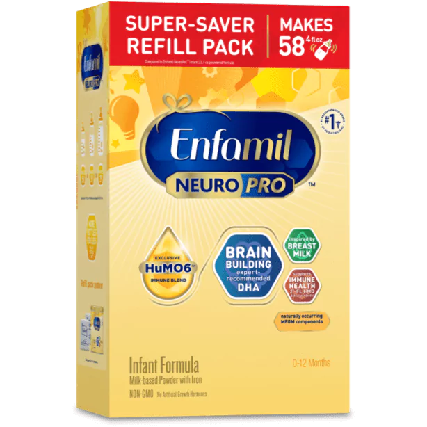 Enfamil NeuroPro infant formula refill pack box in yellow packaging, featuring brain building DHA and HuMO6 immune blend for 0-12 months