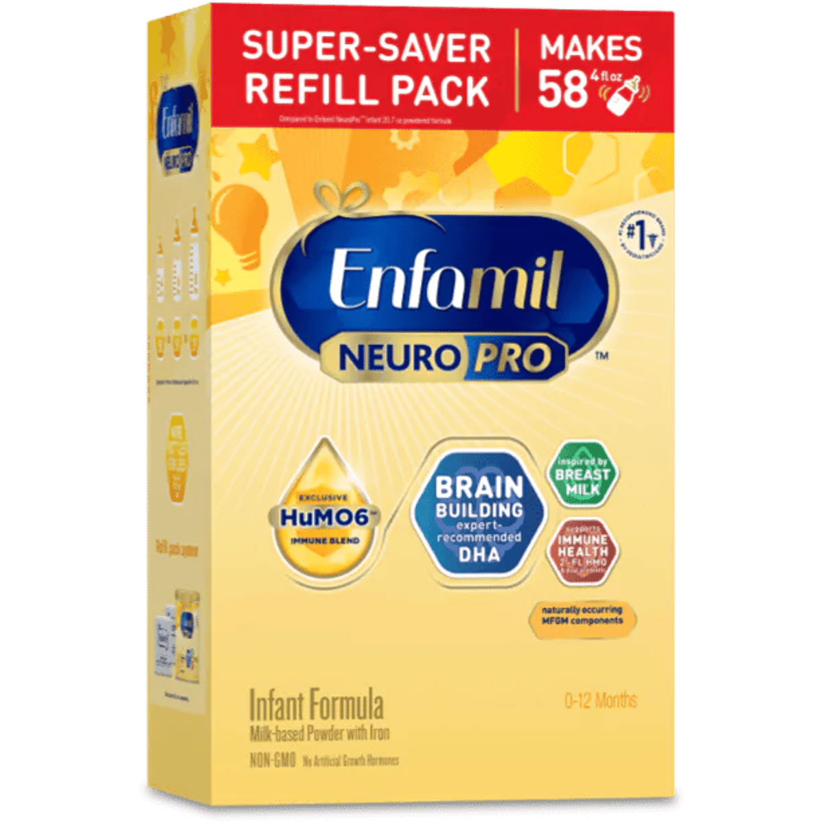 Enfamil NeuroPro infant formula refill pack box in yellow packaging, featuring brain building DHA and HuMO6 immune blend for 0-12 months