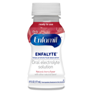 Enfamil Enfalyte oral electrolyte solution bottle, 6 fl oz, with red and white label for infant rehydration