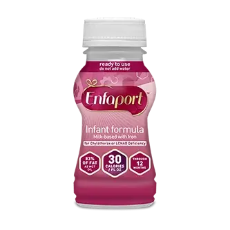 Enfaport infant formula bottle with purple label showing ready-to-use liquid formula for babies