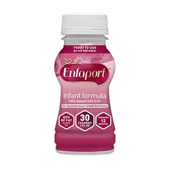 Enfaport infant formula bottle with purple label showing ready-to-use liquid formula for babies