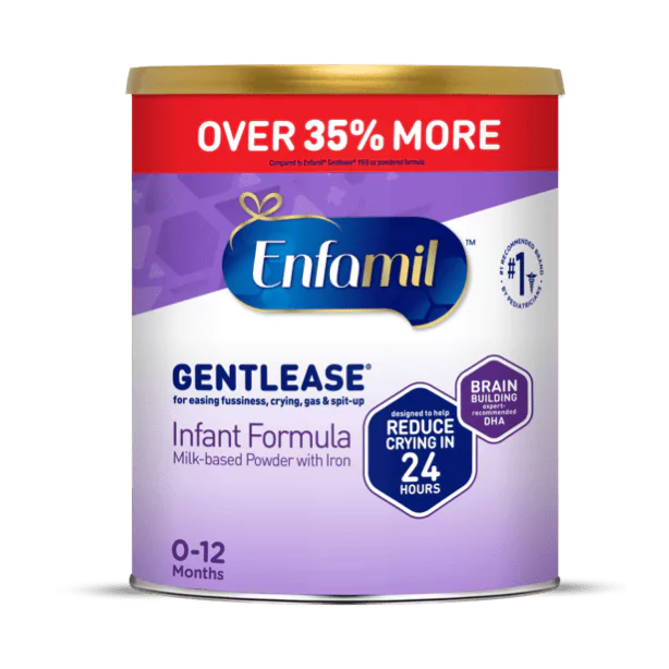 Enfamil Gentlease infant formula can with gold lid, purple and white labeling, designed for babies 0-12 months to reduce fussiness and crying