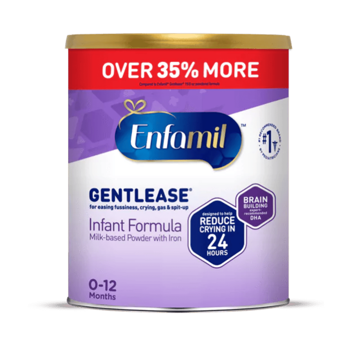 Enfamil Gentlease infant formula can with gold lid, purple and white labeling, designed for babies 0-12 months to reduce fussiness and crying