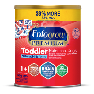 Enfagrow Premium Toddler nutritional drink powder canister with natural milk flavor, featuring 33% more content and brain building nutrition claims