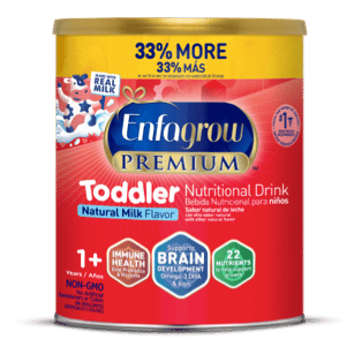 Enfagrow Premium Toddler nutritional drink powder canister with natural milk flavor, featuring 33% more content and brain building nutrition claims