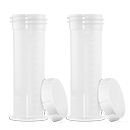 Two clear plastic baby bottles with graduated measurement markings and protective caps