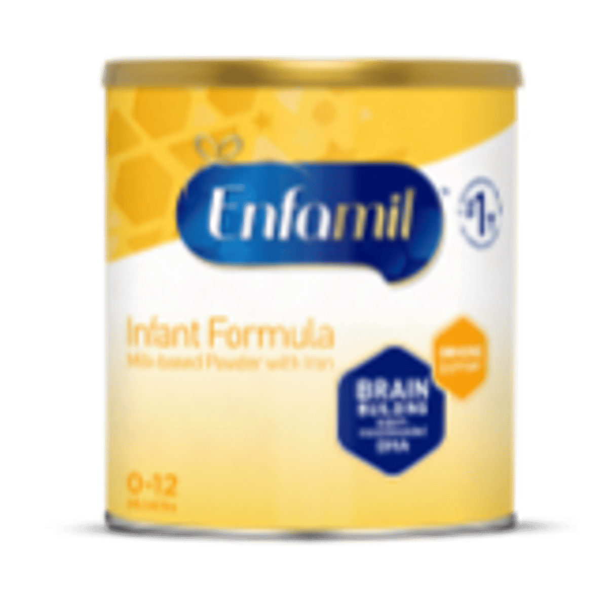 Enfamil Infant Formula yellow canister, 21.1 oz size with blue logo and "Brain Building" text