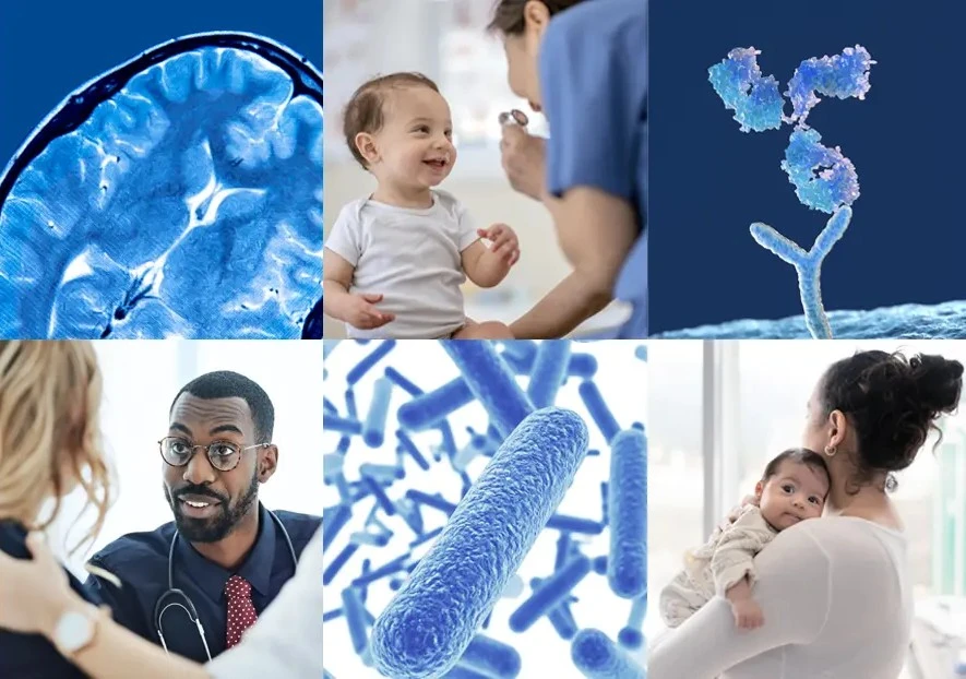 Collage showing medical and healthcare scenes: brain scan, baby with caregiver, antibody structure, doctor consulting patient, microscopic bacteria, and mother holding infant.