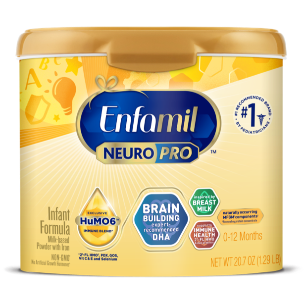 Enfamil NeuroPro infant formula container in gold packaging with blue logo, featuring brain building DHA and immune support for 0-12 months