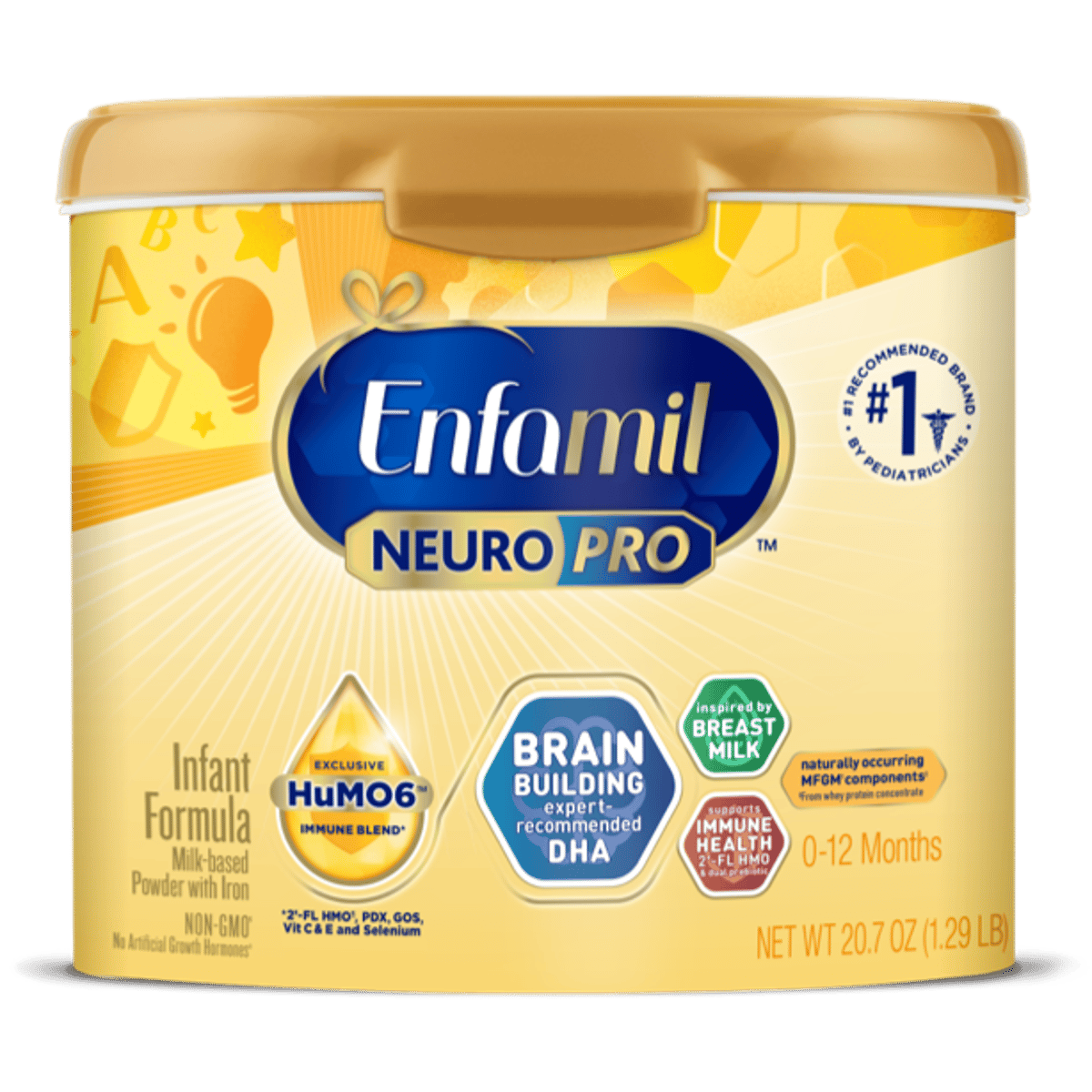 Enfamil NeuroPro infant formula container in gold packaging with blue logo, featuring brain building DHA and immune support for 0-12 months