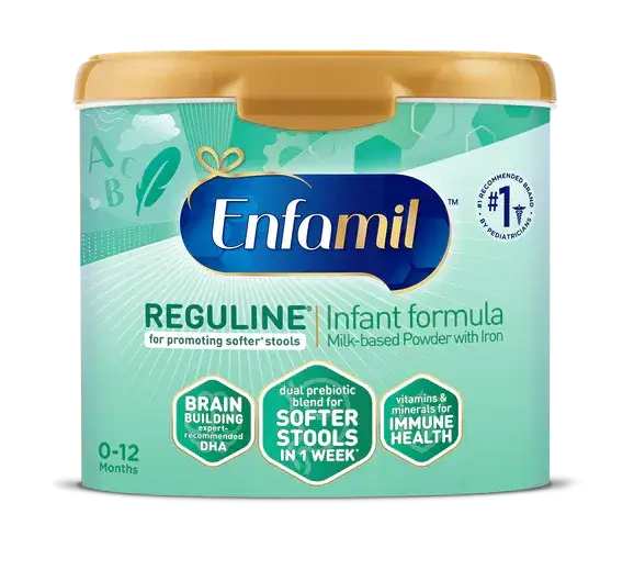 Enfamil Reguline infant formula container with gold lid and teal packaging, labeled for 0-12 months with brain building and digestive health benefits