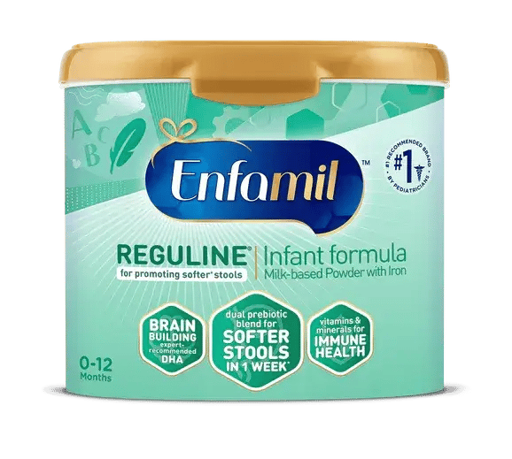 Enfamil Reguline infant formula container with gold lid and teal packaging, labeled for 0-12 months with brain building and digestive health benefits