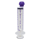 Clear plastic 12mL syringe with purple plunger and measurement markings along the barrel