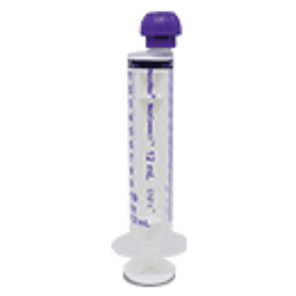 Clear plastic 12mL syringe with purple plunger and measurement markings along the barrel