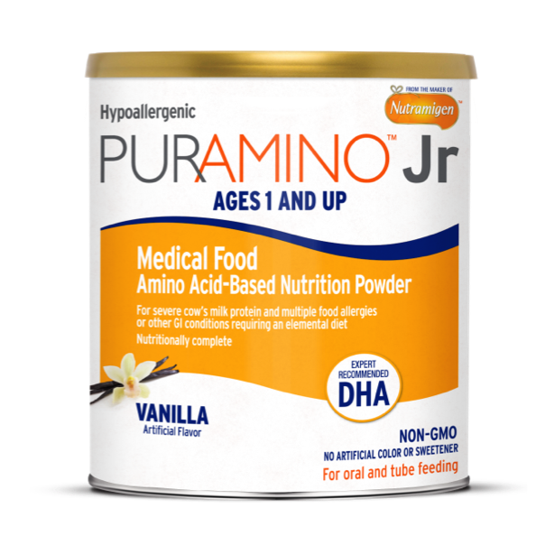 Puramino Jr hypoallergenic amino acid-based nutrition powder canister in vanilla flavor for ages 1 and up with severe allergies