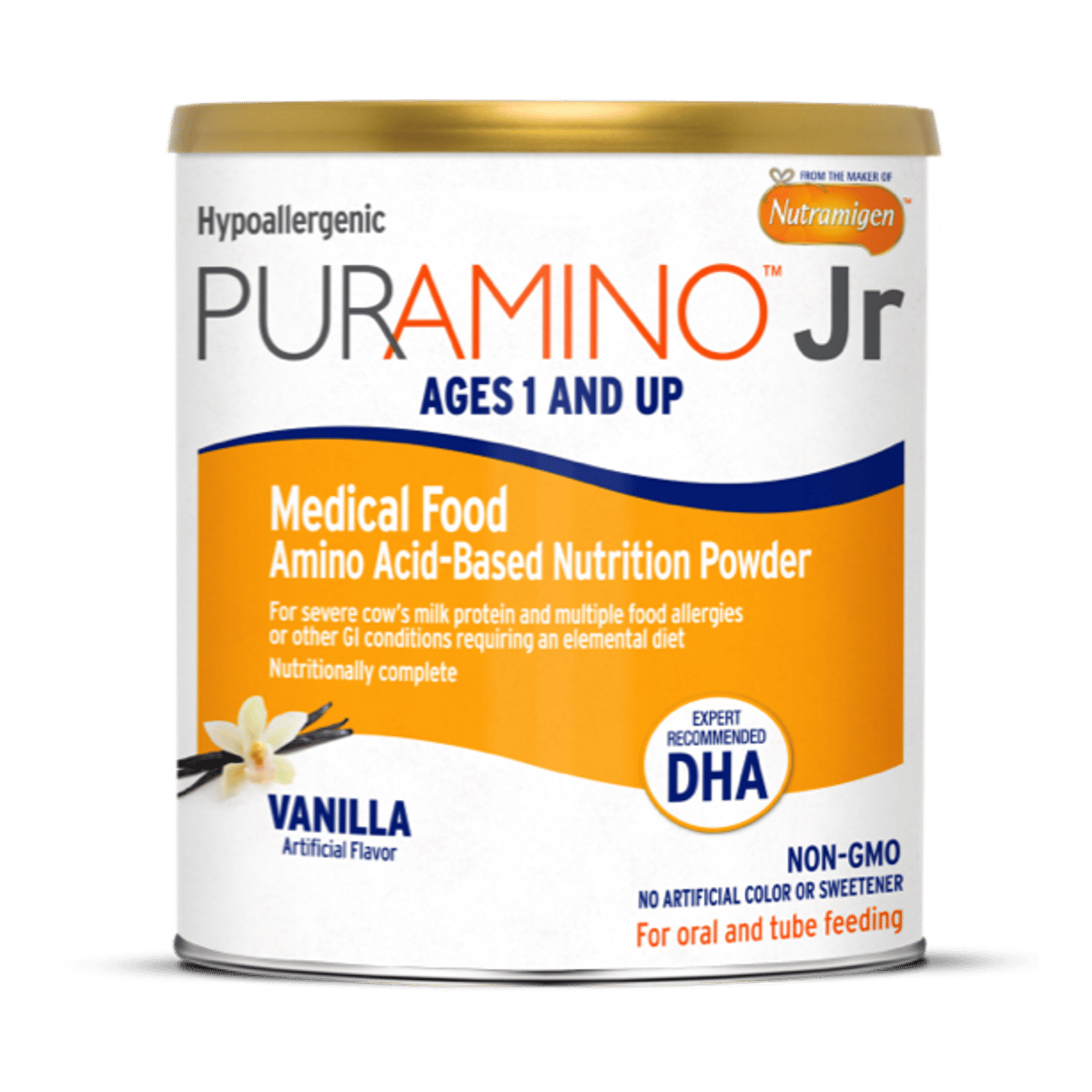 Puramino Jr hypoallergenic amino acid-based nutrition powder canister in vanilla flavor for ages 1 and up with severe allergies