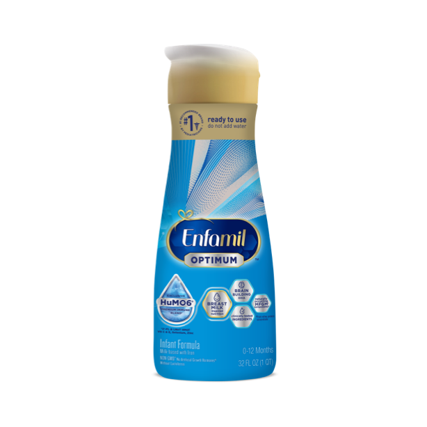 Enfamil Optimum ready-to-use infant formula bottle in blue packaging, 32 fl oz size with HuMO6 and other nutritional benefits highlighted