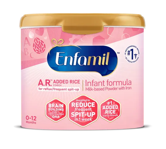 Enfamil A.R. infant formula container with pink label, featuring added rice starch for reflux and frequent spit-up, ages 0-12 months
