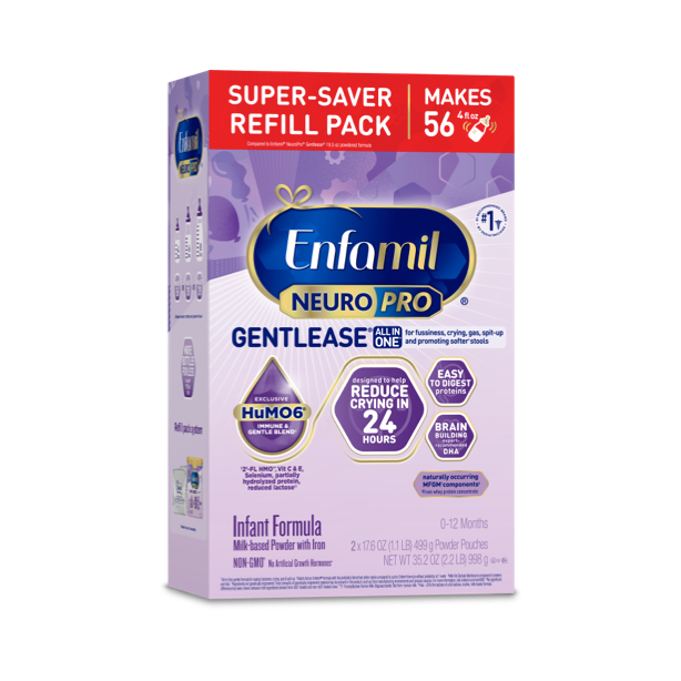 Enfamil NeuroPro Gentlease infant formula super-saver refill pack box in purple packaging, makes 56 bottles