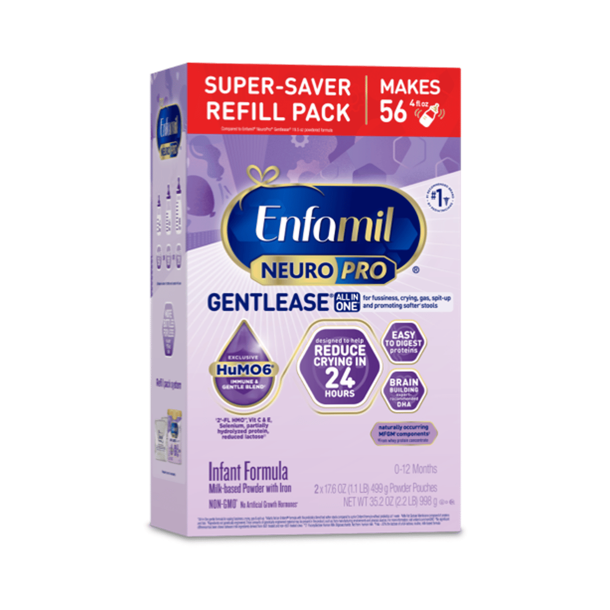 Enfamil NeuroPro Gentlease infant formula super-saver refill pack box in purple packaging, makes 56 bottles