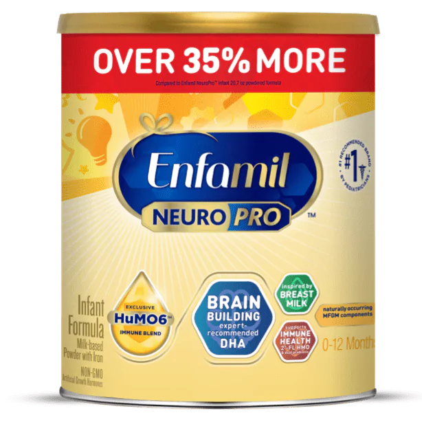 Enfamil NeuroPro infant formula can with "Over 35% More" promotional banner, featuring brain building nutrients and immune support for 0-12 months.