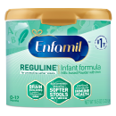 Enfamil Reguline baby formula container with orange lid and green label featuring digestive health benefits