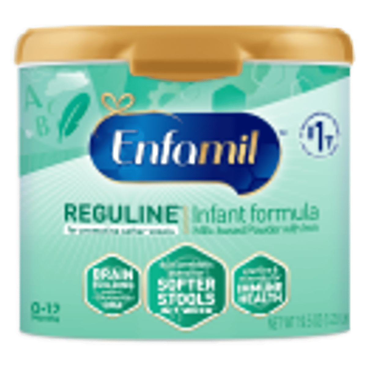 Enfamil Reguline baby formula container with orange lid and green label featuring digestive health benefits