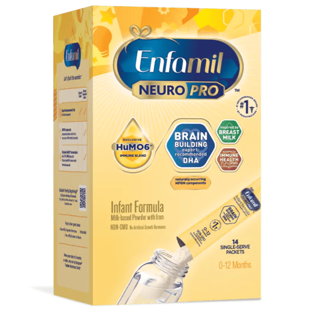 Enfamil NeuroPro infant formula box in yellow packaging with brain-building DHA claims and single-serve packets for 0-12 months