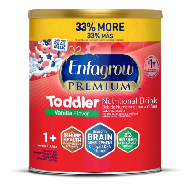 Enfagrow Premium Toddler vanilla flavor nutritional drink can with gold lid, featuring 33% more formula and highlighting immune health and brain development benefits for ages 1+
