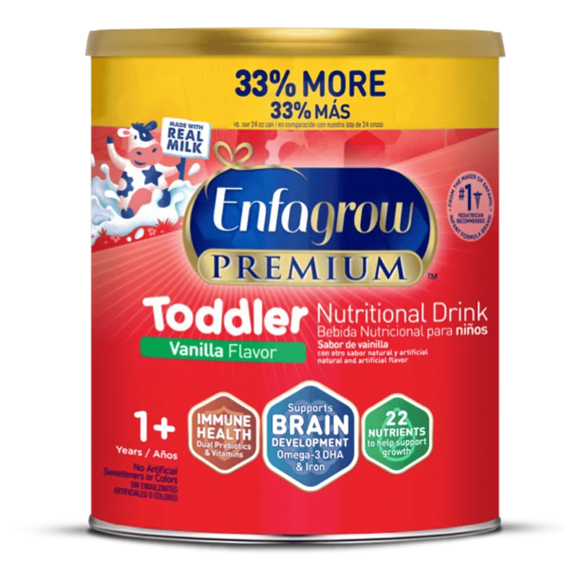 Enfagrow Premium Toddler vanilla flavor nutritional drink can with gold lid, featuring 33% more formula and highlighting immune health and brain development benefits for ages 1+