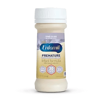 Enfamil Premature infant formula bottle with white cap and purple-gold label, 30 calorie per fluid ounce ready-to-use formula