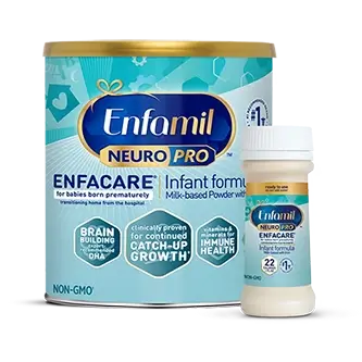 Enfamil NeuroPro EnfaCare infant formula can and bottle, featuring brain building and catch-up growth benefits for premature babies