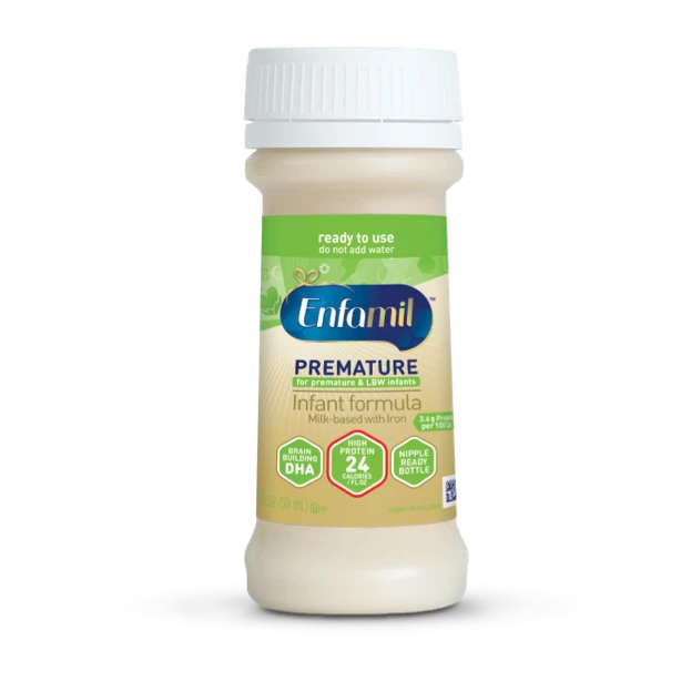 Enfamil Premature ready-to-use infant formula bottle with white cap and green label showing 24 calorie high protein formula