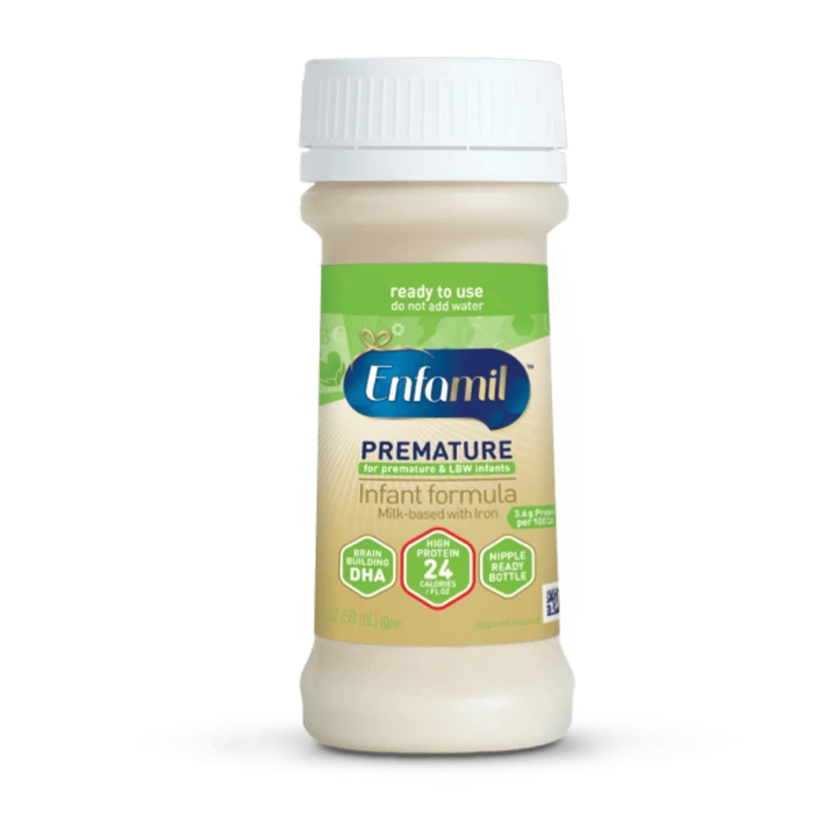 Enfamil Premature ready-to-use infant formula bottle with white cap and green label showing 24 calorie high protein formula