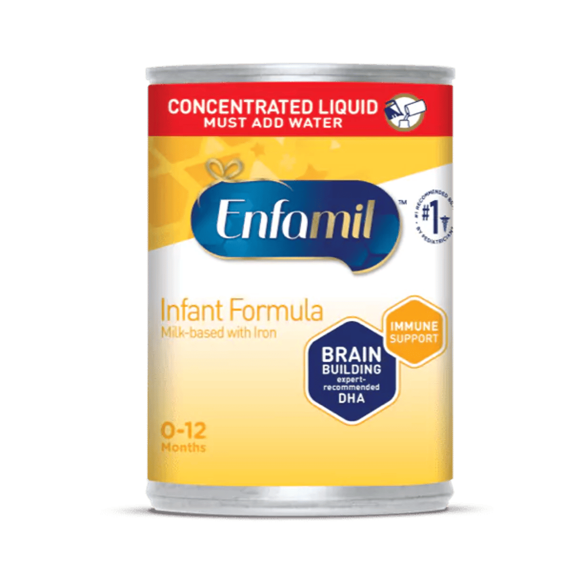 Enfamil Infant Formula concentrated liquid can for 0-12 months, featuring brain building DHA and immune support benefits