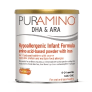 Puramino DHA & ARA hypoallergenic infant formula powder can with orange and white labeling