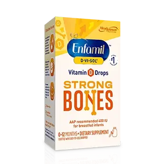 Enfamil D-Vi-Sol Vitamin D Drops supplement box in yellow and orange packaging for strong bones